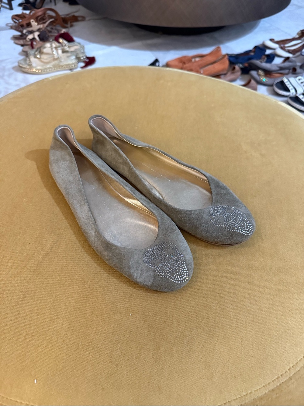 Giuseppe Zanotti Gray Suede Ballet Flats with Crystal Skull - Picture 6 of 8